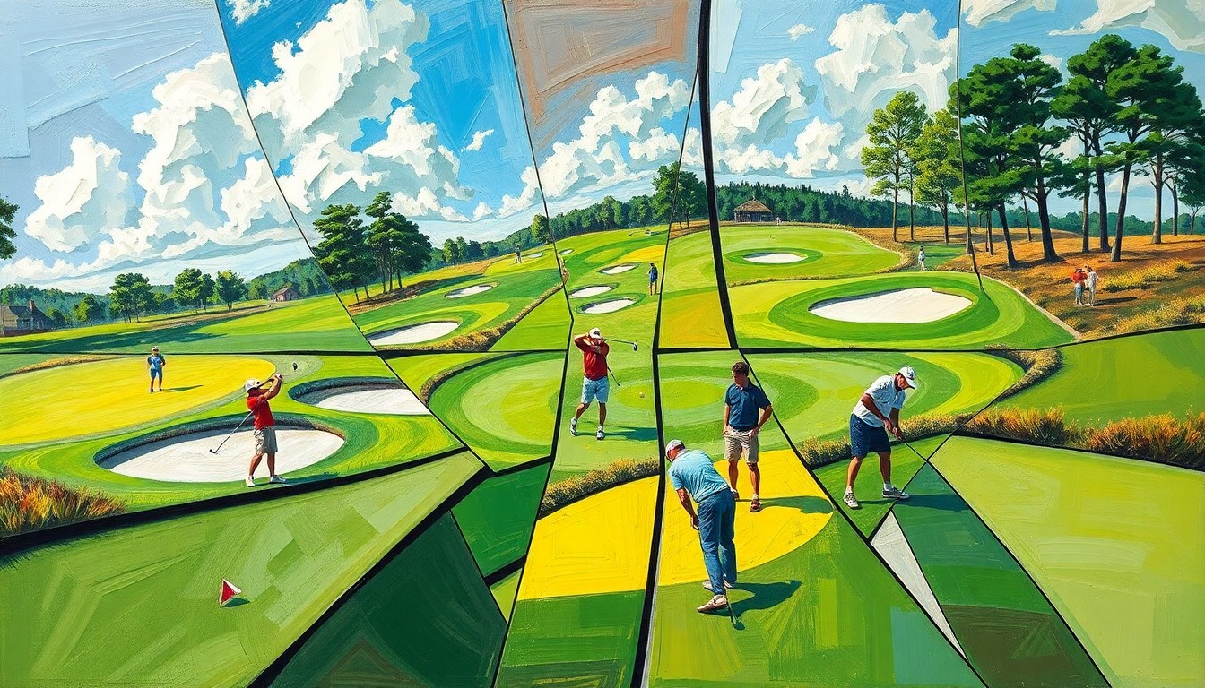 A cubist, geometric painting depicting a high school golf tournament, with overlapping planes of green fairways, sand traps, and players swinging clubs, conveying the dynamic energy and multiple perspectives of the competitive event.