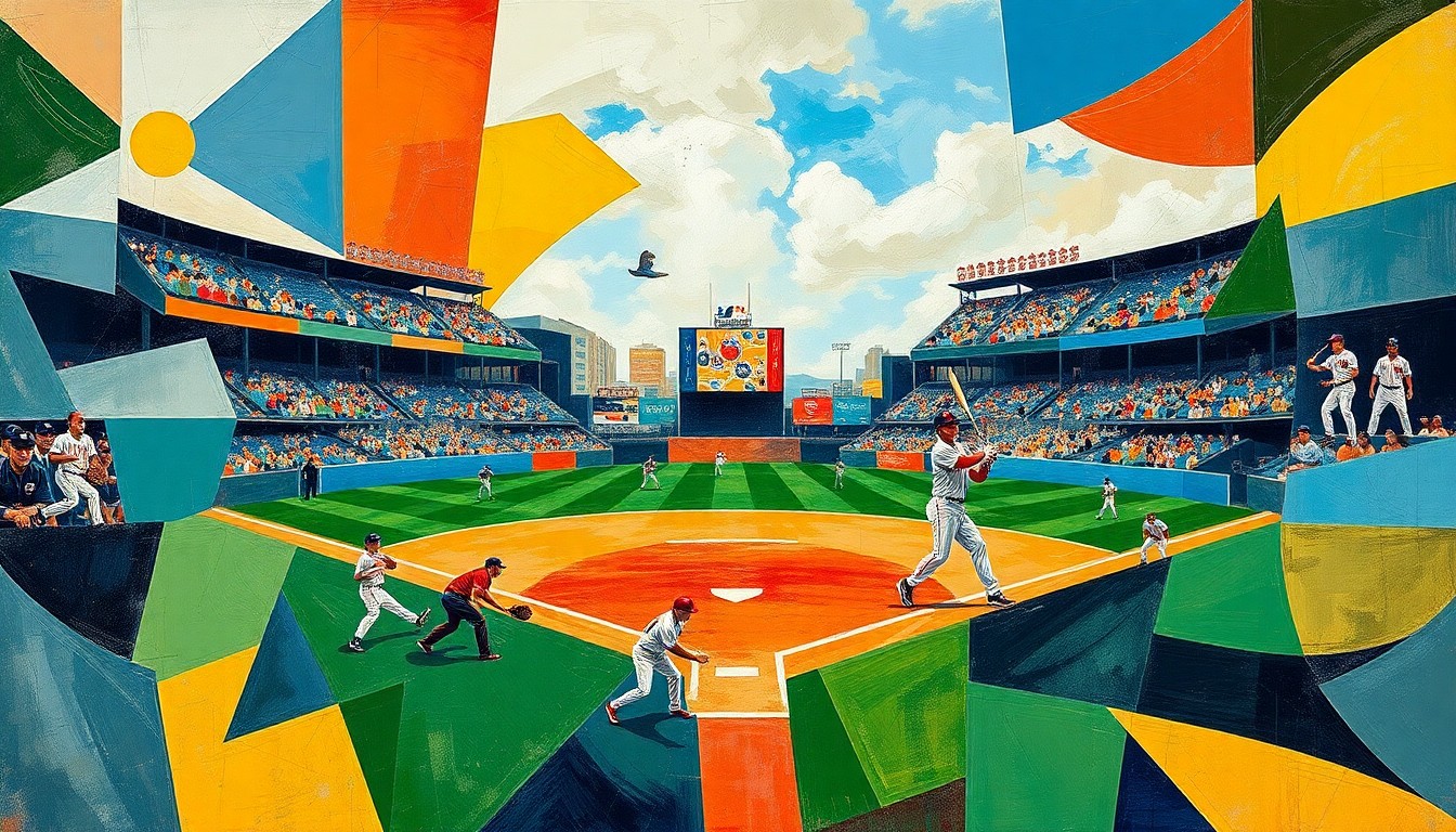 A cubist, geometric painting depicting a baseball game broken down into abstract shapes and planes of color, capturing the intensity and chaos of the sport.