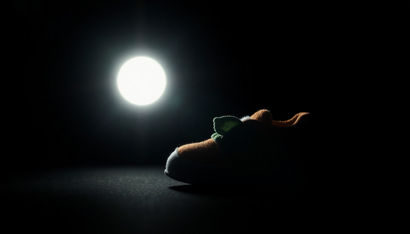 An extreme close-up photograph of a small child's shoe, lit by a harsh, direct camera flash against a pitch-black background, creating a stark, gritty, investigative aesthetic.