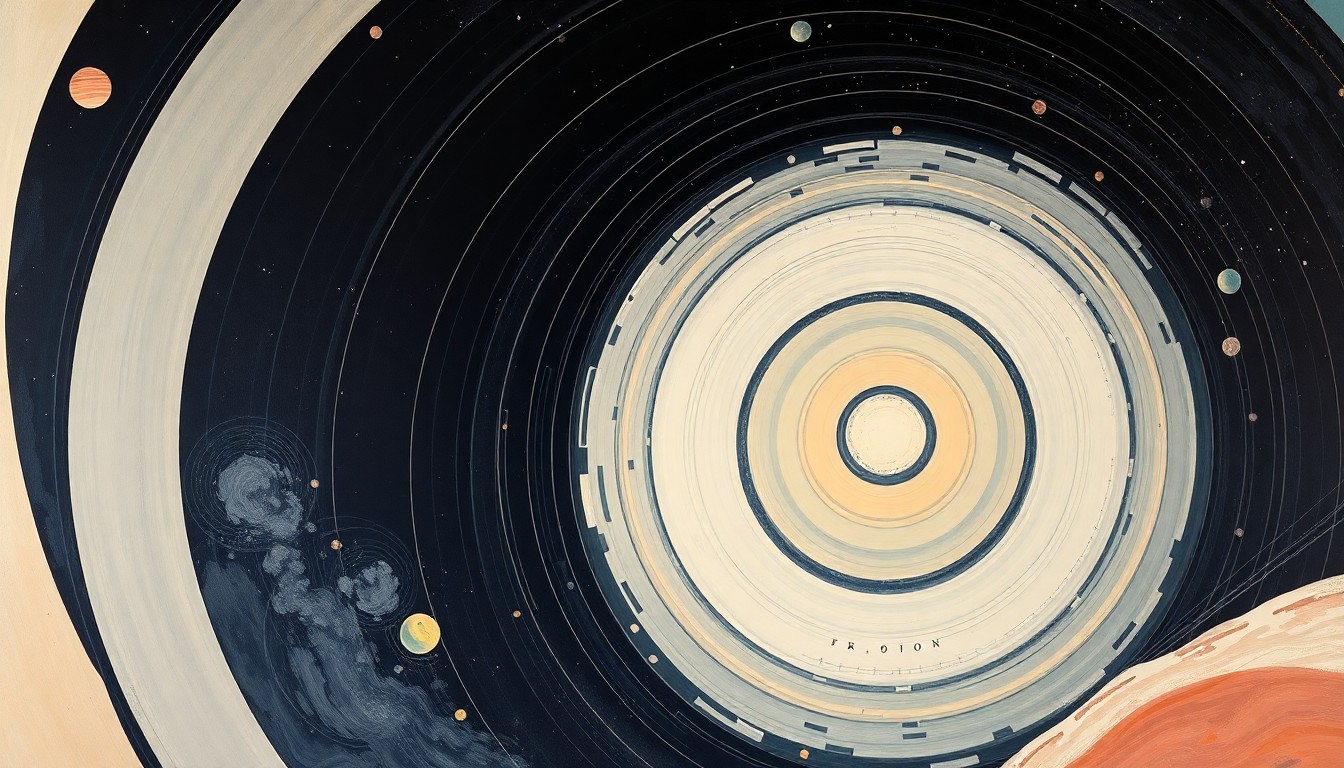 A highly structured abstract painting in soft, flat colors featuring sweeping geometric arcs, concentric planetary circles, and precise botanical spirals, conceptually representing the complex forces and concepts involved in the Artemis II moon mission.