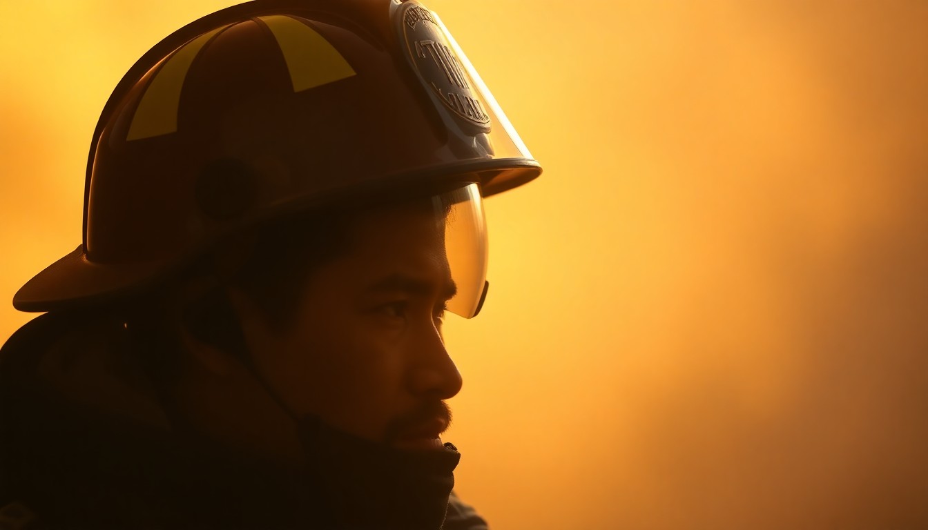 An extremely abstracted, out-of-focus photograph of a firefighter's helmet and gear in soft pools of warm, golden light, conceptually representing the unexpected journey of two international students who discovered a passion for community service.