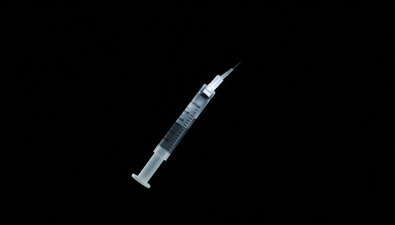 An extreme close-up photograph of a single morphine syringe or vial against a pitch-black background, capturing the stark, gritty, and investigative nature of the case.