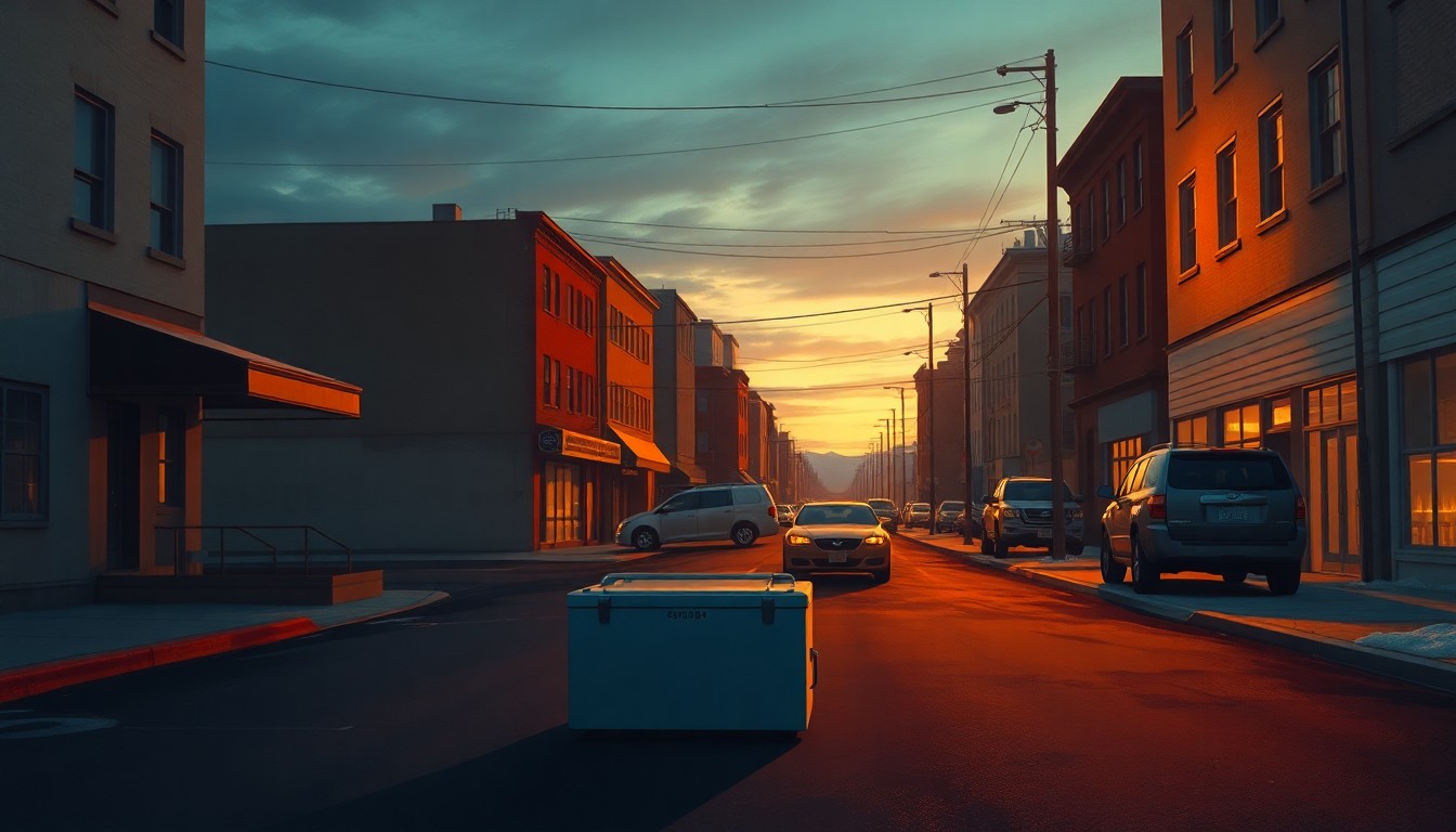 A serene, cinematic painting of a lone, temperature-controlled baby box set against the muted tones of an Alaskan city street at dusk, bathed in warm, diagonal sunlight and deep shadows, conceptually representing a safe haven for vulnerable newborns.