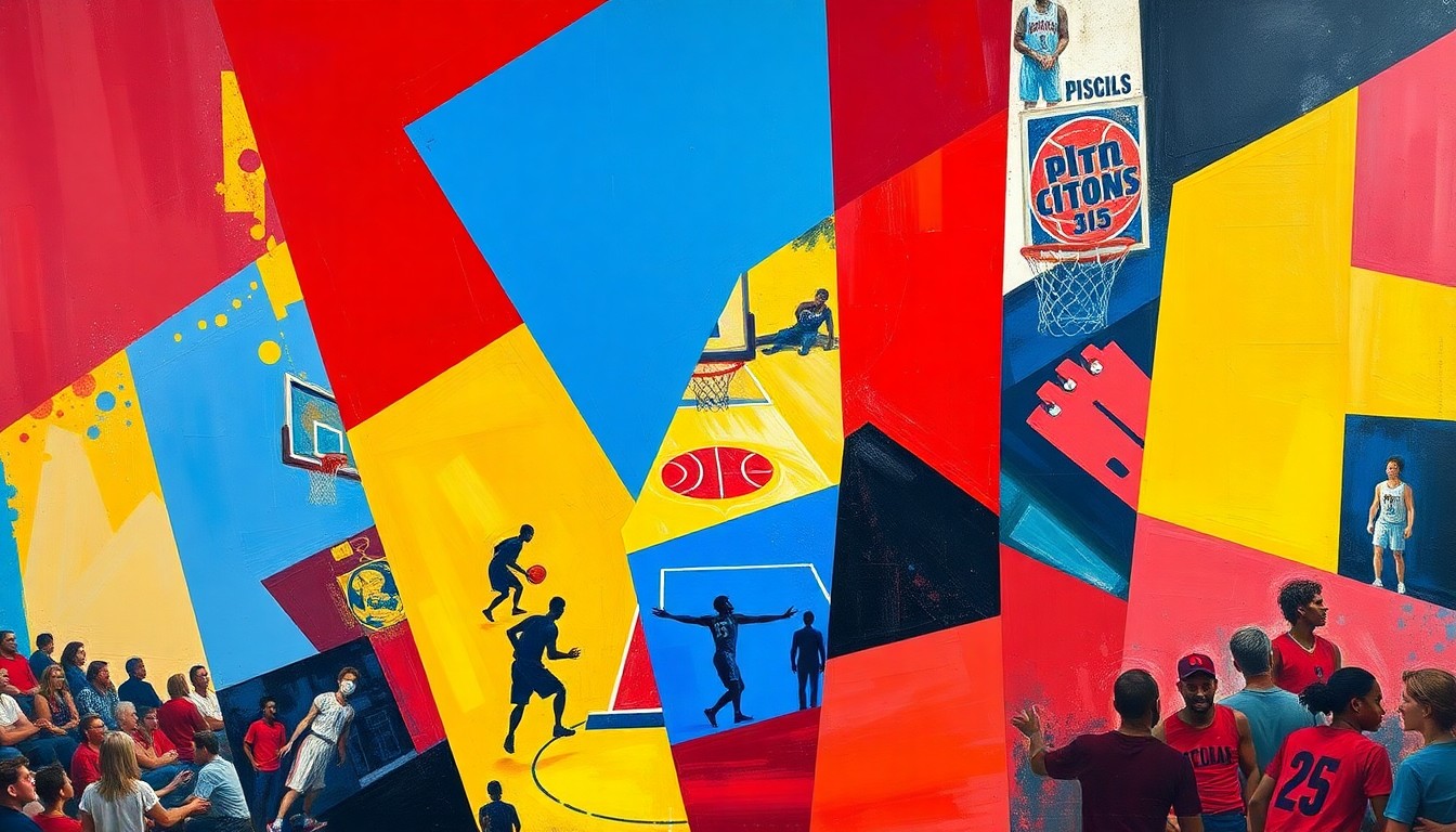 A fractured, cubist-style painting depicting a Pistons basketball game, with sharp, overlapping geometric shapes in vibrant shades of red, blue, and yellow, capturing the energy and intensity of the team's late-season push.