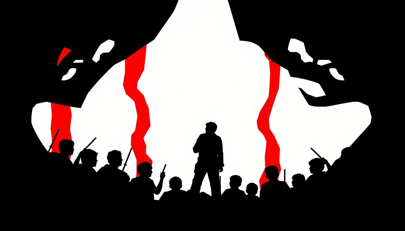 An abstract, minimalist illustration featuring stark black silhouettes of two boys against a high-contrast red and white background, conceptually representing the racial themes and power dynamics explored in the BBC's 'Lord of the Flies' adaptation.
