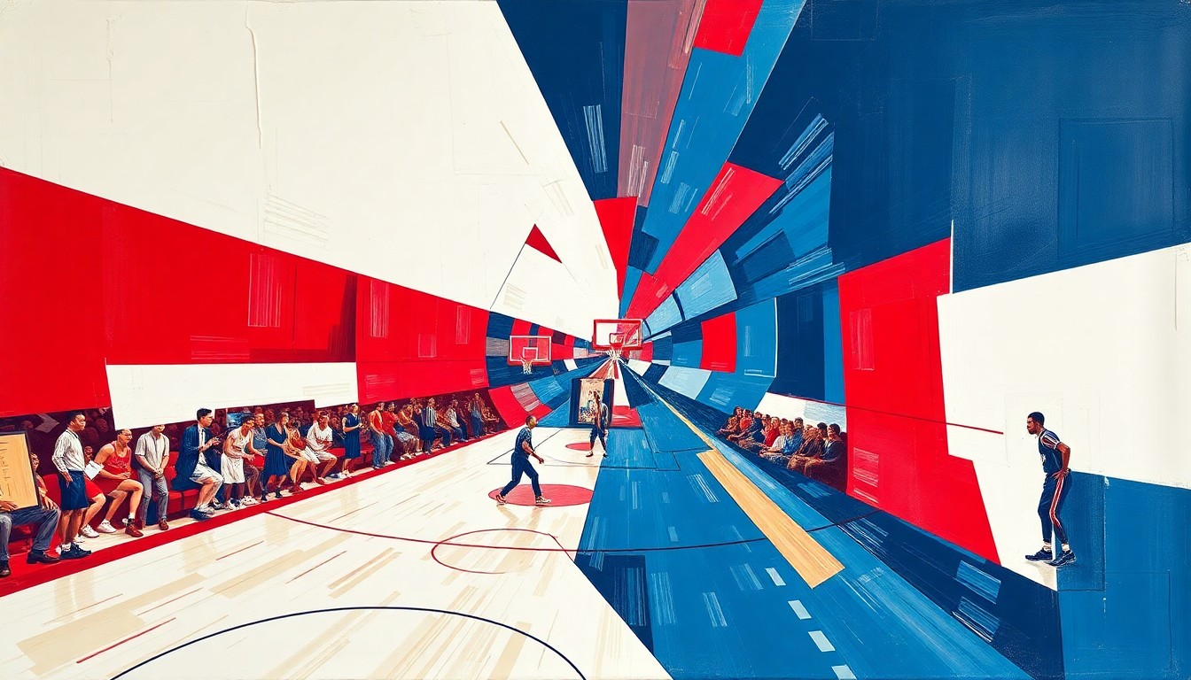 A cubist-style painting featuring sharp, overlapping geometric shapes in the Wizards' team colors of red, white, and blue, conceptually representing the fractured fan trust and brand reputation following the team's failed April Fools' prank.