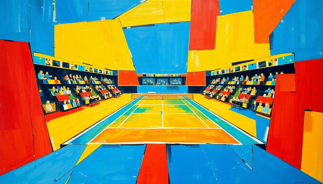 A fragmented, geometric painting depicting the dynamic motion and intensity of a tennis match, with sharp planes of color representing the players' movements and the back-and-forth action on the court.
