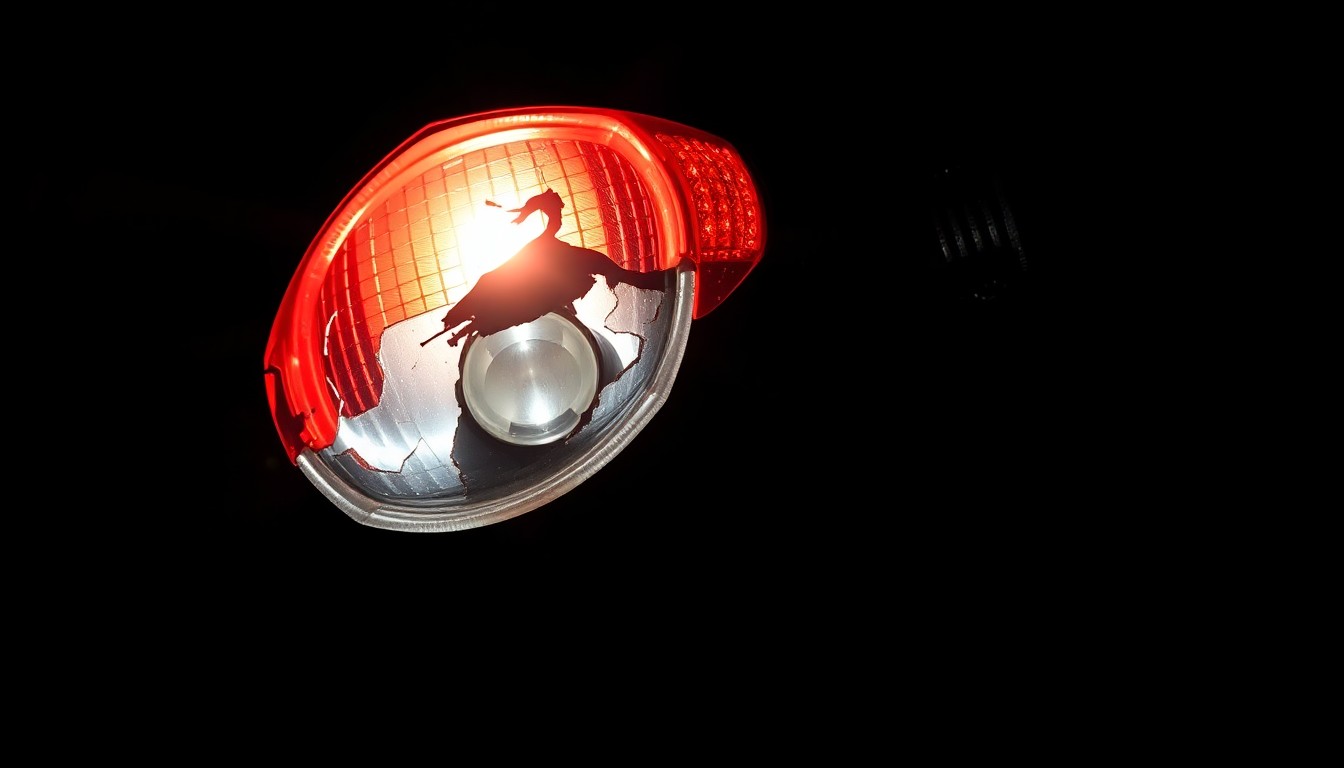 An extreme close-up photograph of a damaged motorcycle part, such as a broken mirror or shattered taillight, lit by a harsh, direct camera flash against a pitch-black background, conceptually illustrating the aftermath of a fatal motorcycle crash.