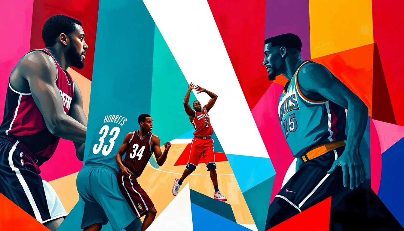 A cubist, geometric painting depicting an abstracted NBA basketball game, with the players' figures broken down into overlapping angular shapes in a vibrant color palette.