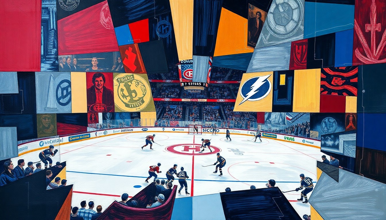 A cubist, geometric painting depicting a hockey game between the Montreal Canadiens and Tampa Bay Lightning, with the players and ice rink fragmented into sharp, overlapping shapes and planes of color.