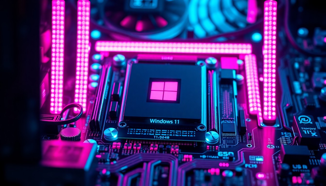 A highly detailed, glowing 3D illustration of various Windows 11 hardware components like motherboards, processors, and circuit boards, illuminated by vibrant neon cyan and magenta lights, conveying the idea of a sophisticated, cyberpunk-inspired technology infrastructure.