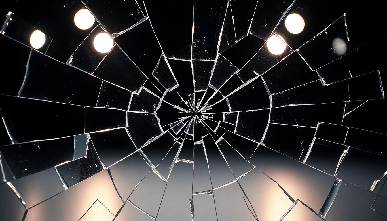 An extreme close-up of shattered glass reflecting a distorted, fragmented image, conceptually representing the fractured nature of the media industry and the blurred lines between personal and professional lives.