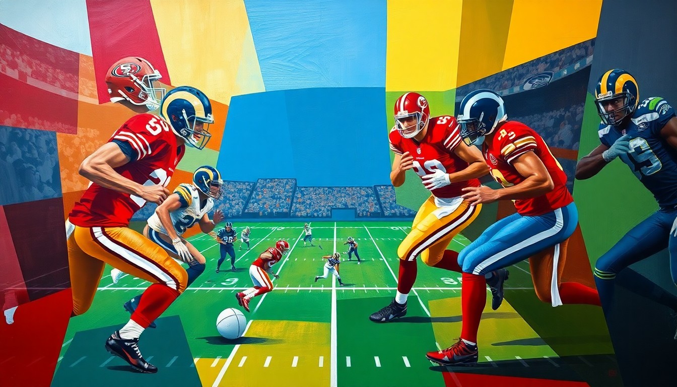 A cubist, geometric painting depicting a football game between the San Francisco 49ers, Los Angeles Rams, and Seattle Seahawks, with the players and field represented by bold, angular shapes in a vibrant color palette, conveying the intensity and importance of the matchup.