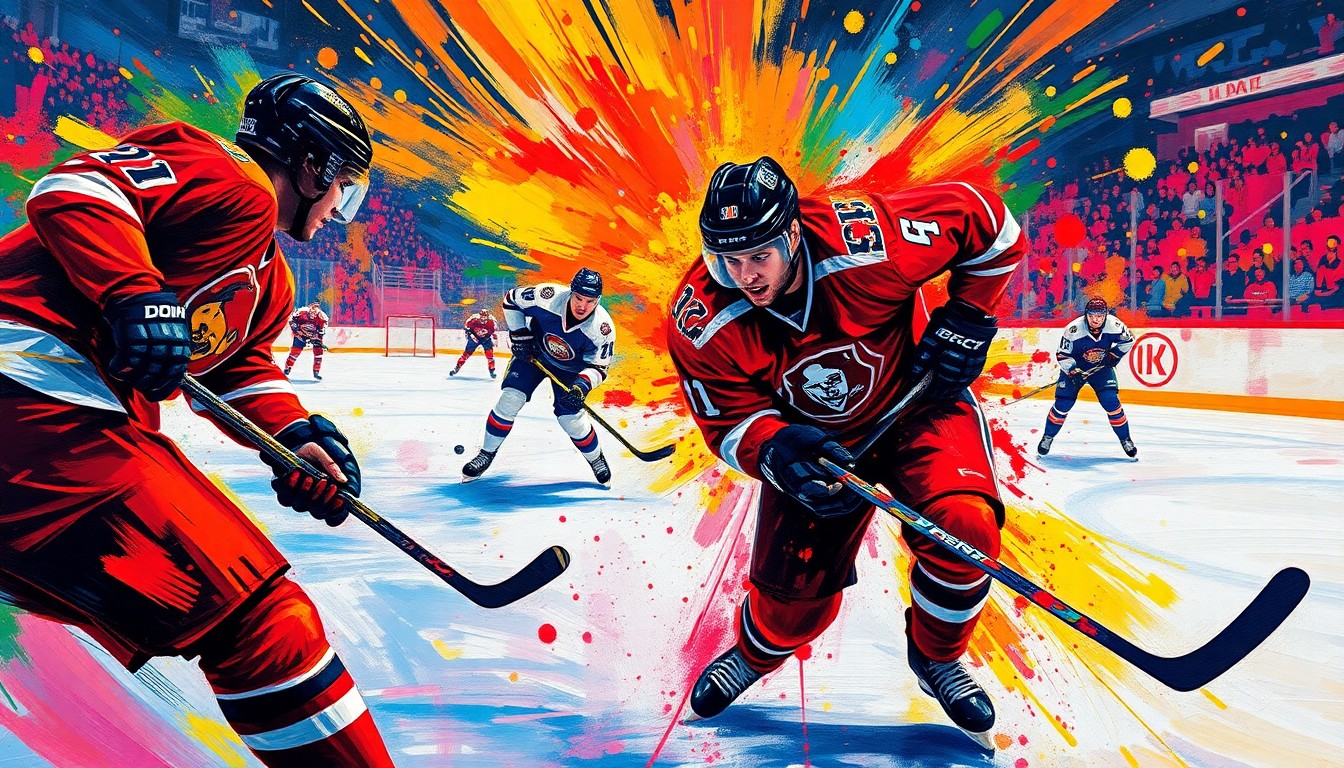 An abstract, expressionist painting featuring vibrant neon brushstrokes and splatters of color that capture the raw energy and intense action of a professional hockey game, with players' movements and the puck blending together in a dynamic, unrecognizable display.