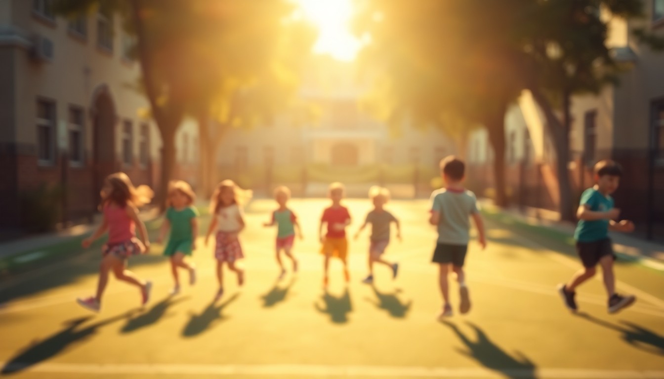 An abstract, impressionistic photograph of children playing on a school playground, with blurred figures and vibrant, warm colors creating a dreamlike, nostalgic scene.
