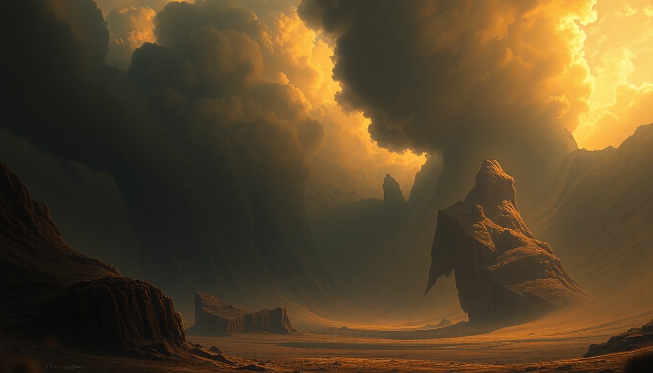 A sweeping, atmospheric landscape painting in muted tones of orange, yellow, and grey, depicting a vast, arid desert landscape under a scorching sun, with only a few small structures barely visible in the distance, overwhelmed by the sheer scale and power of the natural environment.