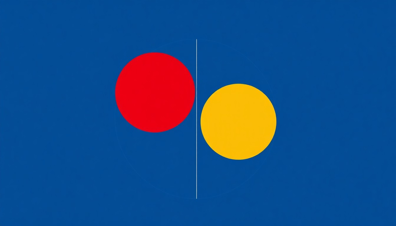 A vibrant abstract composition of overlapping triangles and circles in shades of blue, red, and yellow, conceptually representing the complex financial considerations around reforming Social Security's investment strategy.