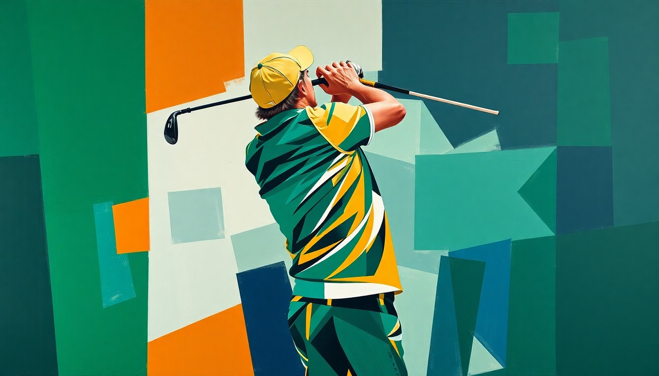 A cubist-style painting depicting a golfer's swing broken down into sharp, overlapping geometric shapes in shades of green, blue, and orange, conveying the fractured nature of the sport's current state.