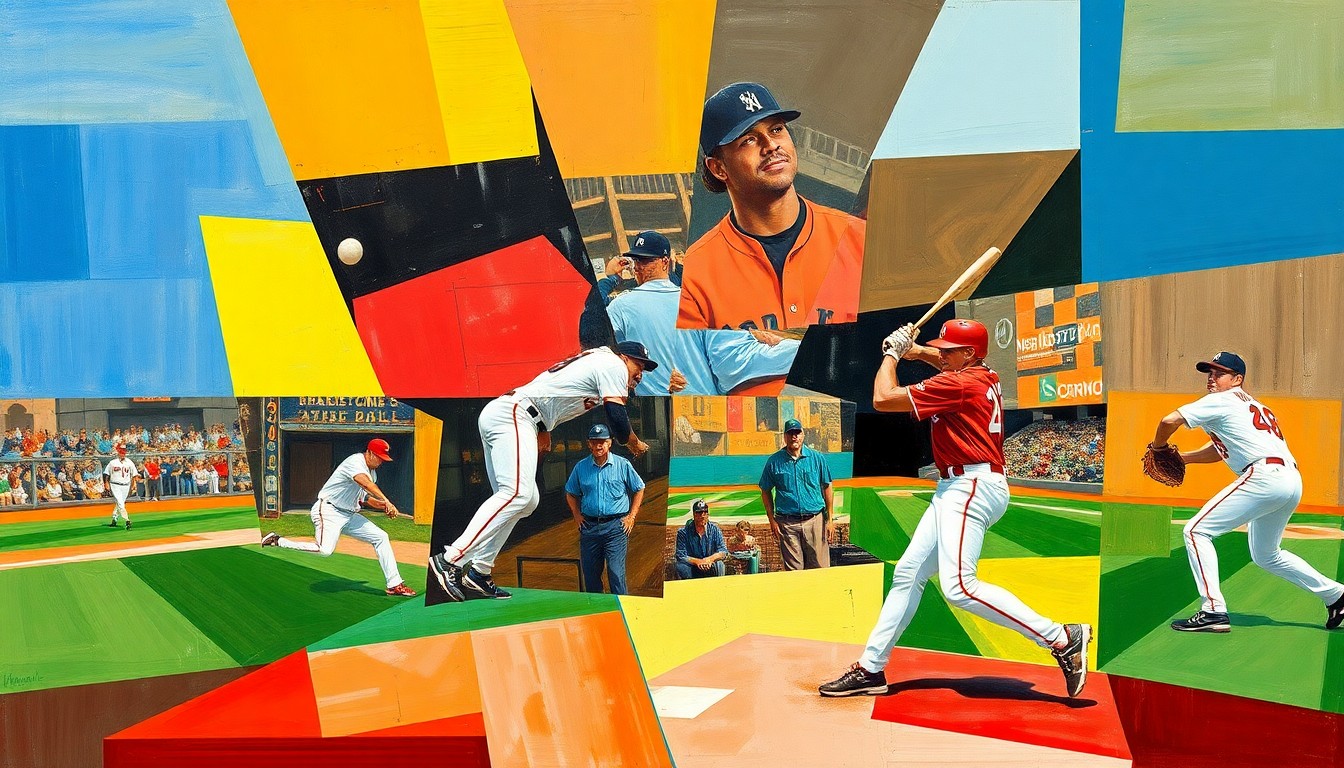 A cubist-style painting depicting a fragmented, geometric representation of a baseball pitcher in motion, conveying the complex dynamics and strategic decisions involved in the White Sox's recent trades and signings.