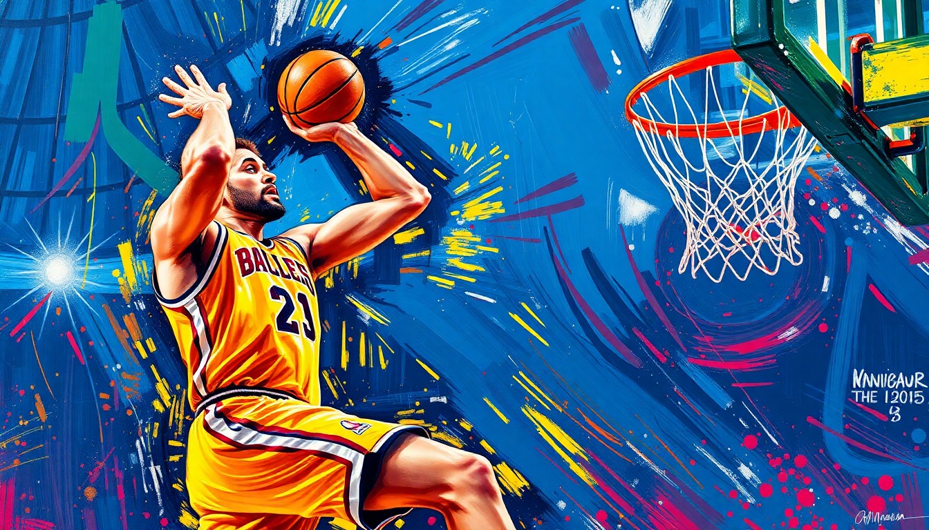An abstract, energetic painting featuring bold neon brushstrokes that capture the dynamic motion of a basketball player shooting a 3-pointer, conceptually representing the historic 3-point shooting performance of Kon Knueppel.