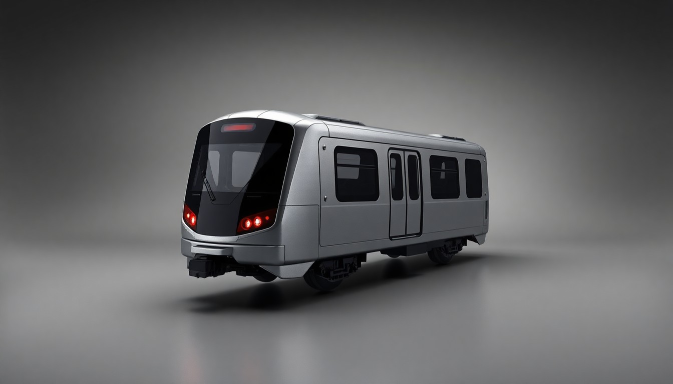 A photorealistic studio still life featuring a sleek, metallic subway car model with clean, geometric shapes and bold colors, floating on a monochromatic background and illuminated by dramatic studio lighting, symbolizing the MTA's investment in the future of public transit.