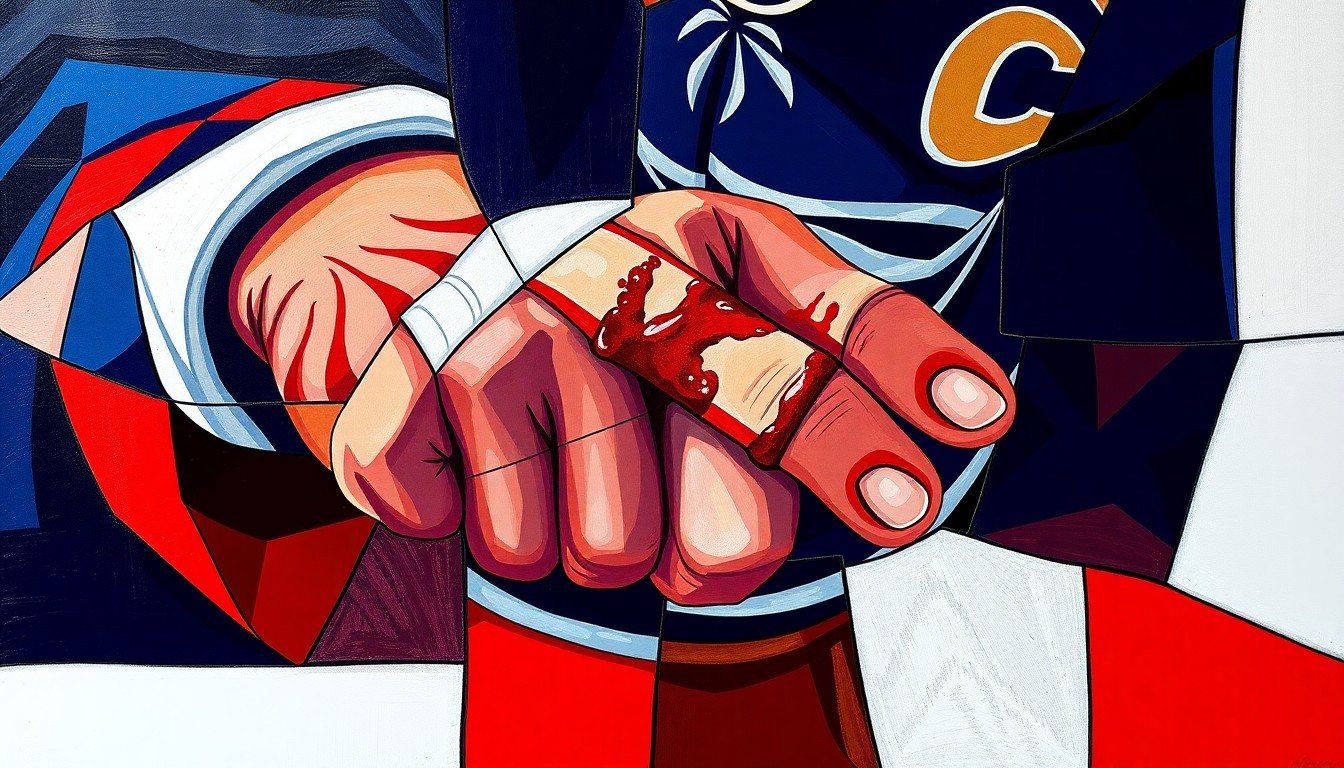 A fractured, cubist-style painting depicting a hockey player's hand with a bloodied and bandaged pinkie finger, the injury symbolizing the toughness and team-first culture of the University of Denver Pioneers hockey team.