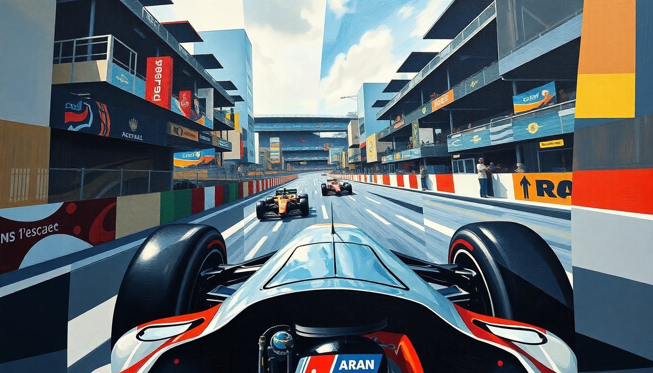 A cubist, geometric painting depicting a fragmented Formula 1 race, with sharp, overlapping planes of color and form conveying the tension between innovation and the visceral experience of driving.
