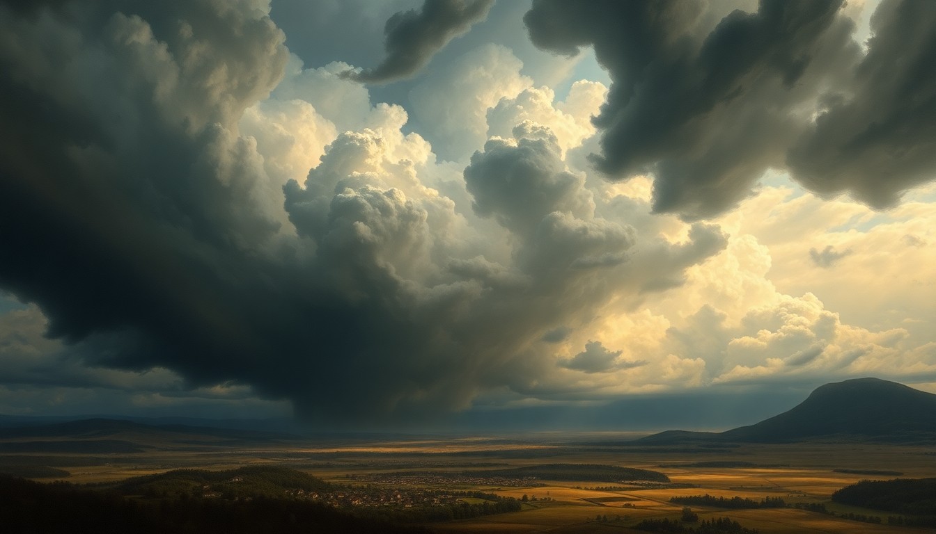 A sweeping, atmospheric landscape painting in muted tones of gray, blue, and green, depicting a massive storm system dominating the sky over a small town or rural area, conveying the overwhelming scale and power of the natural forces at play.