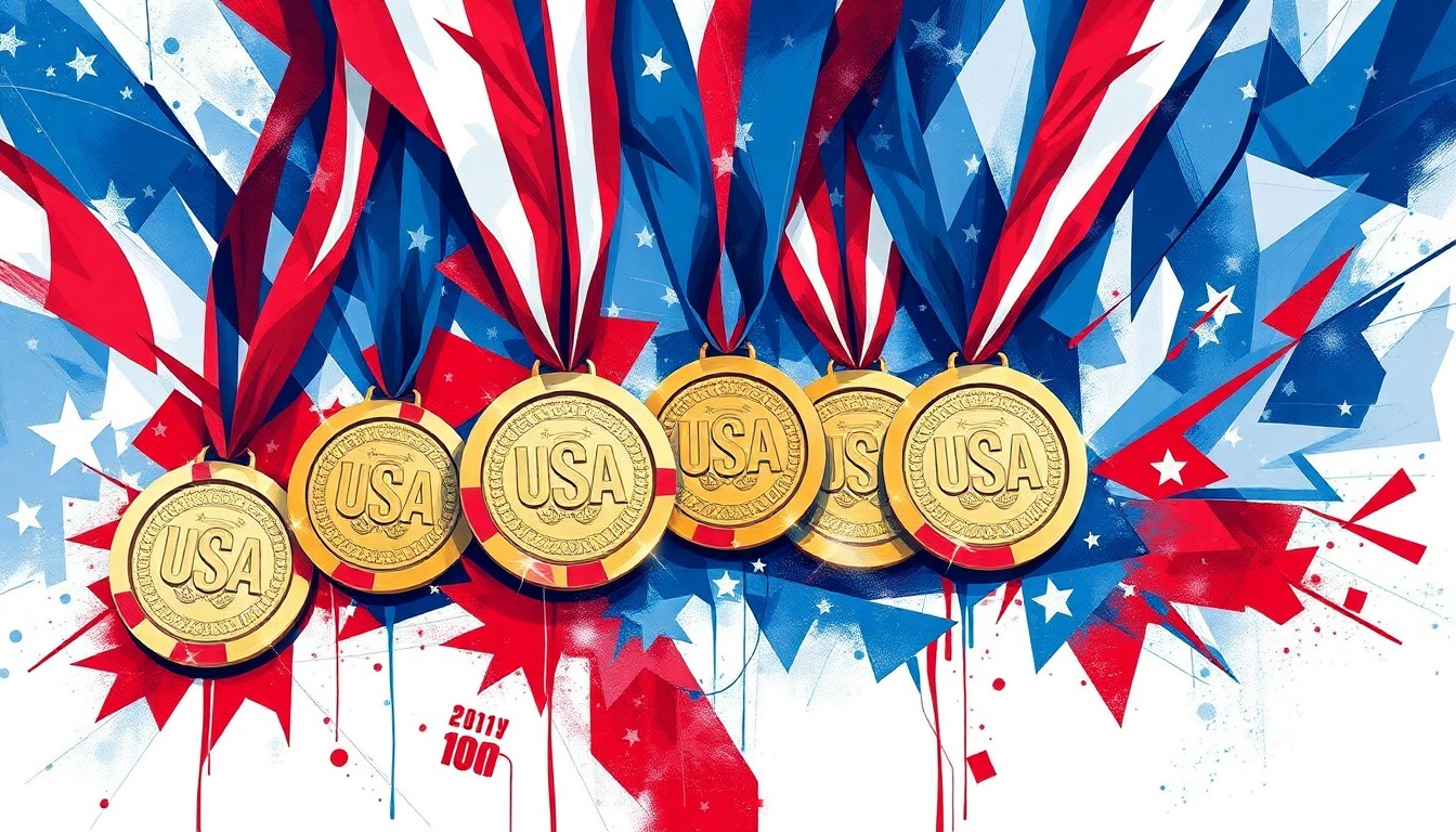 A vibrant, abstract painting featuring the U.S. men's hockey team's gold medals in a fractured, overlapping composition of red, white, and blue geometric shapes, conveying the energy and patriotism of their Olympic victory.