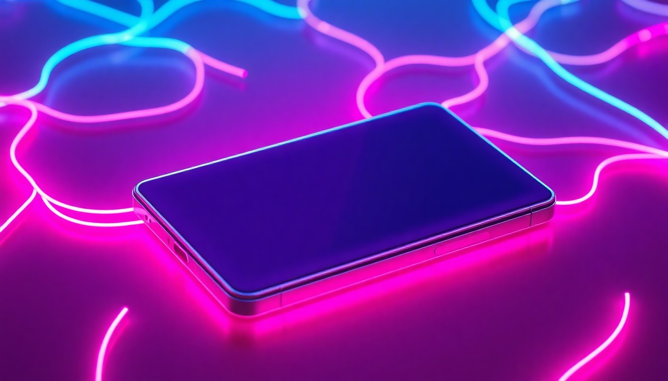 A highly detailed, glowing 3D illustration of a Samsung Galaxy S25 smartphone with its screen partially illuminated, surrounded by a network of neon cyan and magenta lights, conceptually representing the advanced technology and connectivity of the smart screen recording feature.