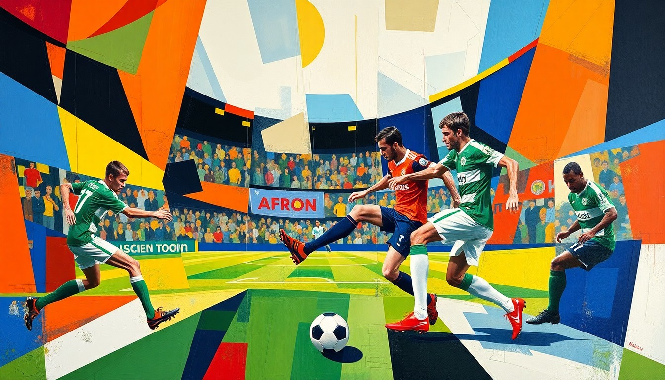 A fractured, geometric painting in vibrant colors representing the clash between Luton Town and Plymouth Argyle, with the ball and players' movements abstracted into sharp, overlapping shapes.