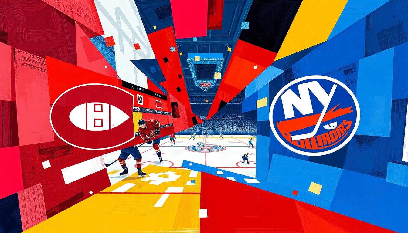 A fractured, multi-perspective painting depicting a hockey game between the Montreal Canadiens and New York Islanders, with sharp, overlapping geometric planes in the teams' official colors representing the intensity of the playoff matchup.