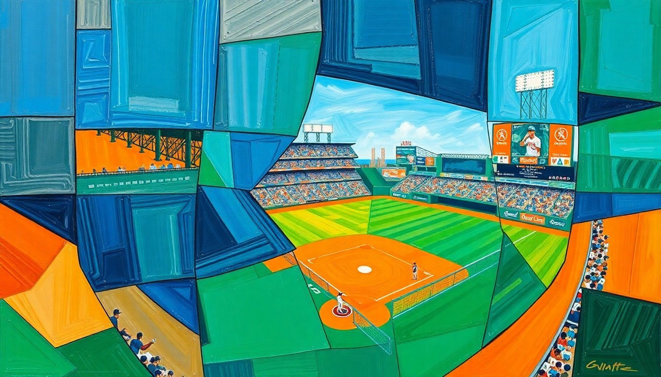 A cubist-style painting featuring overlapping geometric shapes and planes in vibrant colors, representing the strategic decisions and player health concerns of NL West baseball teams.