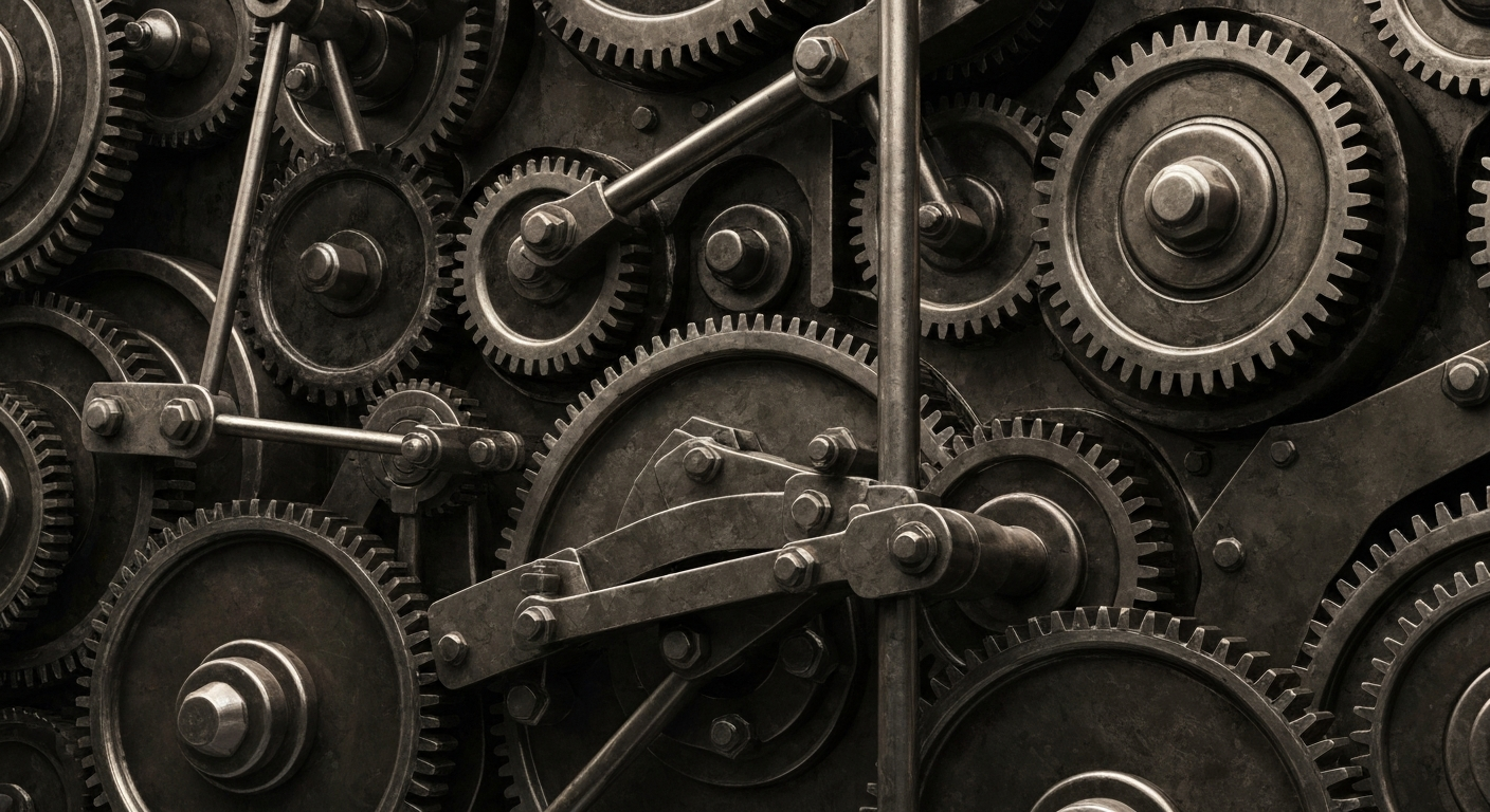 A close-up, cinematic view of a complex network of gears, levers, and metal components representing the inner workings of a financial institution or banking system. The image is highly detailed, textured, and industrial in nature, capturing the weight and power of the machinery that underpins the modern economy.