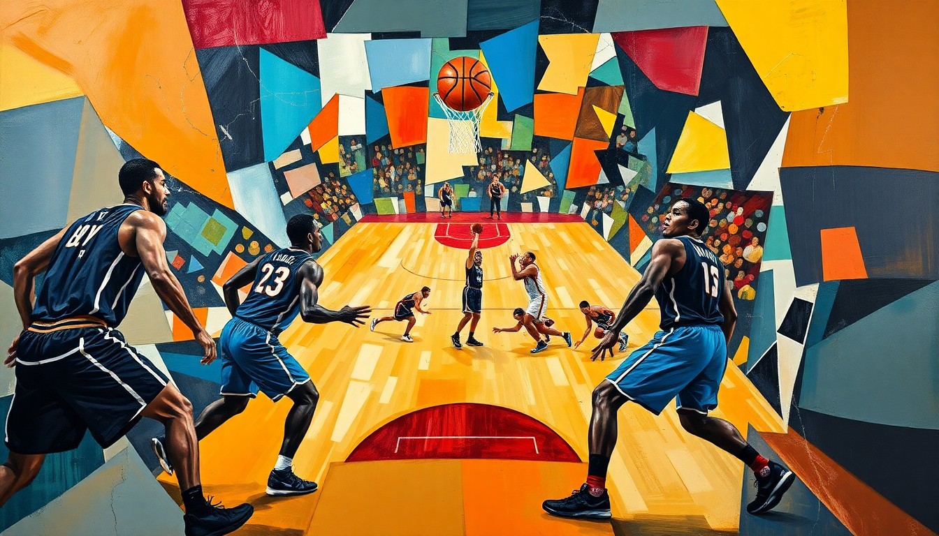 A cubist, geometric painting depicting the abstract forms and movements of basketball players on a court, with sharp, overlapping planes of color and shape representing the energy and dynamism of the sport.
