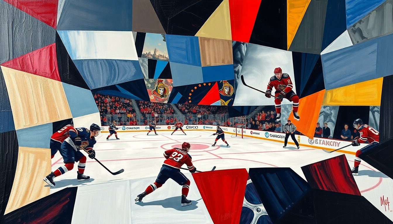 A cubist, geometric painting depicting a hockey game between the Ottawa Senators and Seattle Kraken, with the players' movements and the energy of the game captured through sharp, overlapping planes of color and shape.