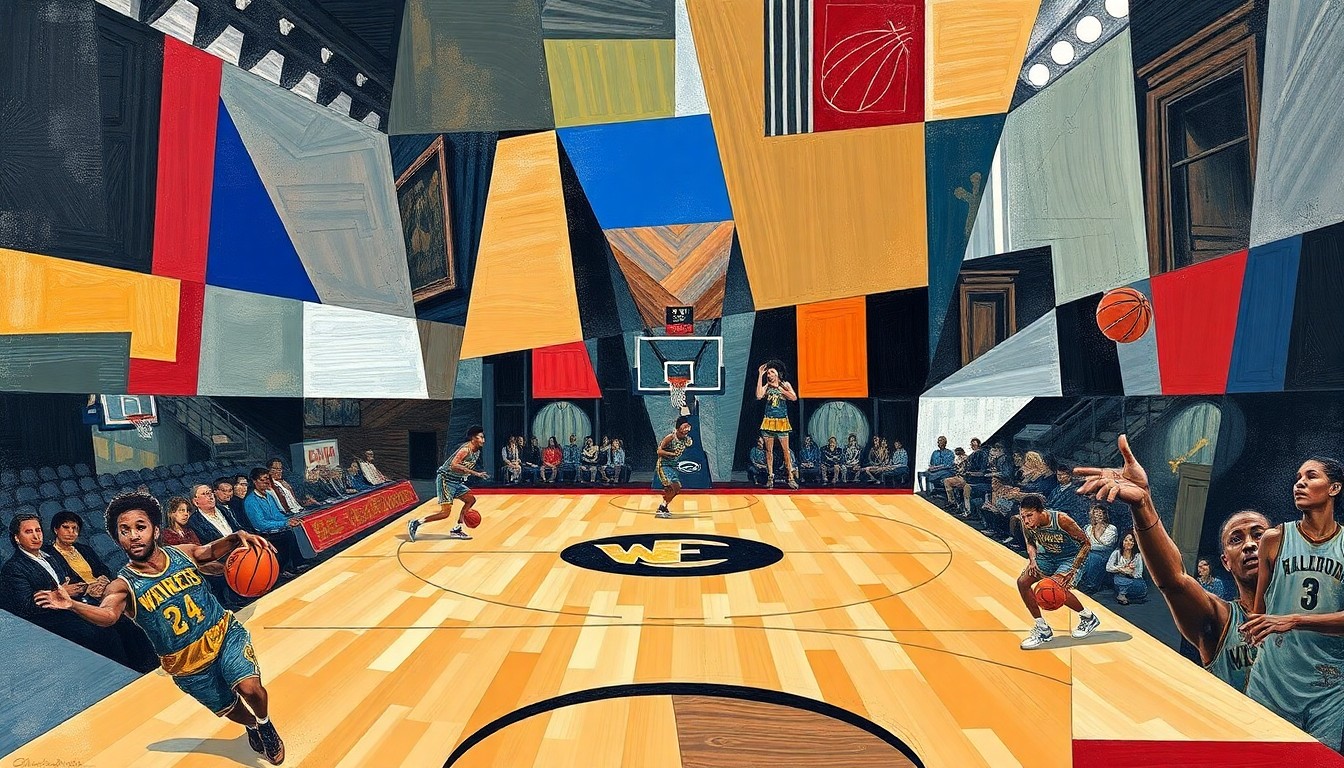 A fragmented, cubist-style painting depicting a WNBA basketball game or match, with sharp, geometric shapes and planes representing the dynamic action on the court.