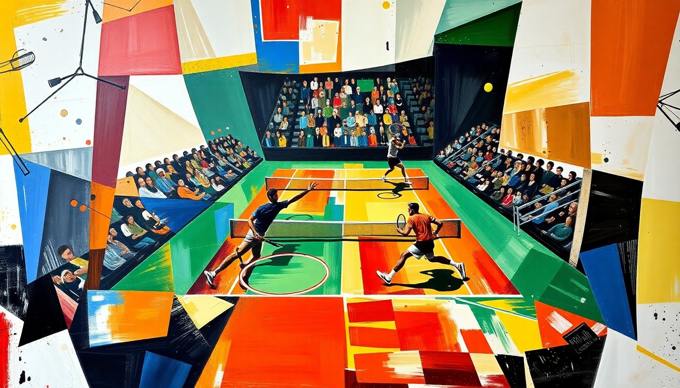 A fractured, multi-perspective painting in a cubist style, depicting the intense energy and movement of a tennis match between two players, their forms and the court itself broken down into sharp, overlapping geometric shapes and planes in a vibrant, abstract composition.