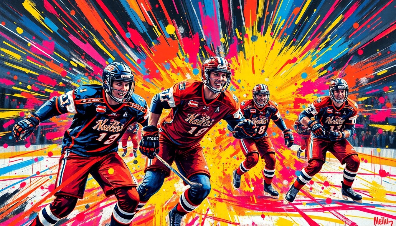 An abstract, expressionist painting in vibrant neon colors, capturing the raw energy and intensity of a hockey game, with players' figures dissolving into unrecognizable splatters of paint.