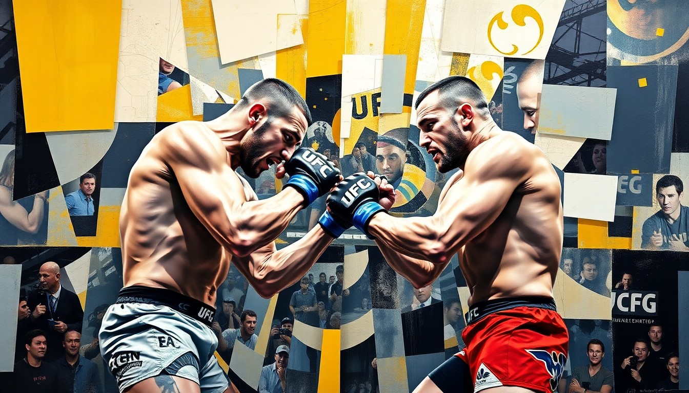 A fractured, multi-perspective painting in the style of Pablo Picasso, breaking down the UFC fight between Paddy Pimblett and Justin Gaethje into sharp, overlapping geometric planes, capturing the raw intensity and physicality of the match.