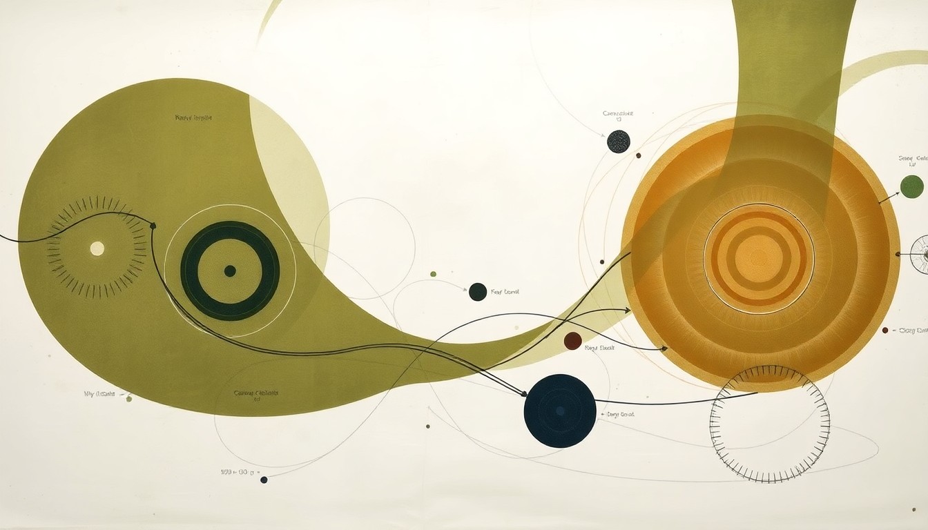 A highly structured abstract painting in earthy tones, featuring sweeping geometric arcs, concentric circles, and precise botanical spirals, conceptually representing the complex interplay of environmental signals, neural circuits, and genetic factors that govern lifespan in the C. elegans worm.