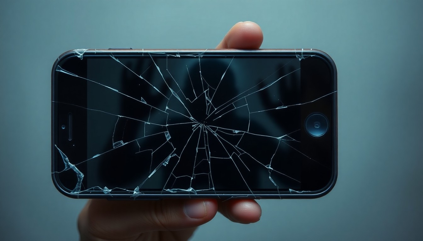 An extreme close-up photograph of a cracked smartphone screen reflecting a distorted, shadowy figure, conceptually representing the chaos and violence of a domestic altercation.