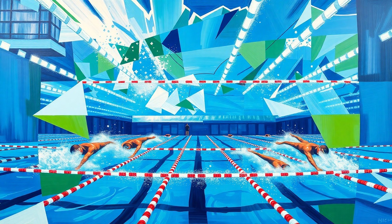 A cubist, geometric painting depicting the motion and energy of a college swimming competition, with overlapping planes of blue, green, and white representing the swimmers and water.