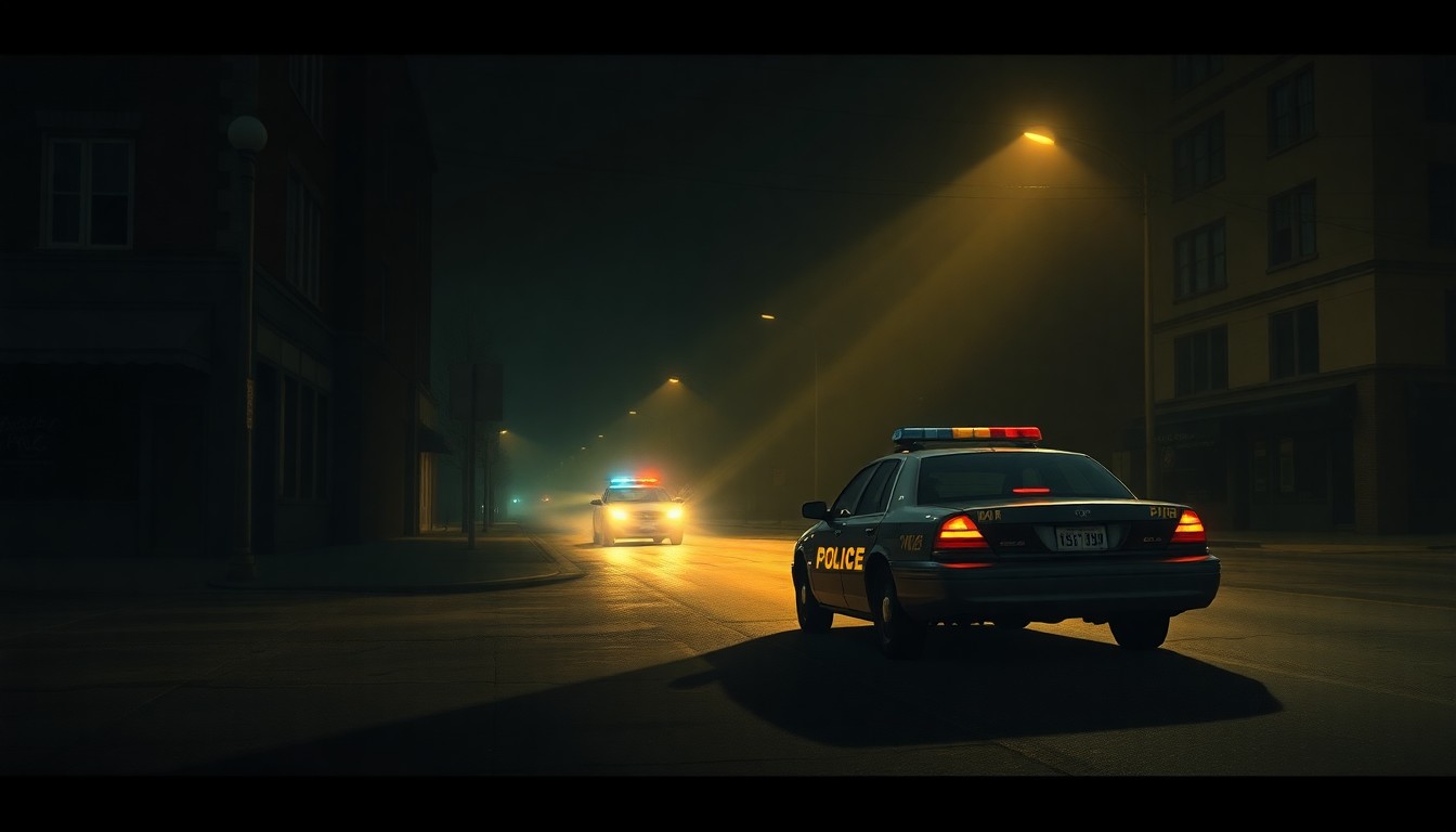 A photorealistic painting of a lone police car parked on a dimly lit city street, with warm sunlight casting deep shadows and creating a sense of solitude and contemplation.