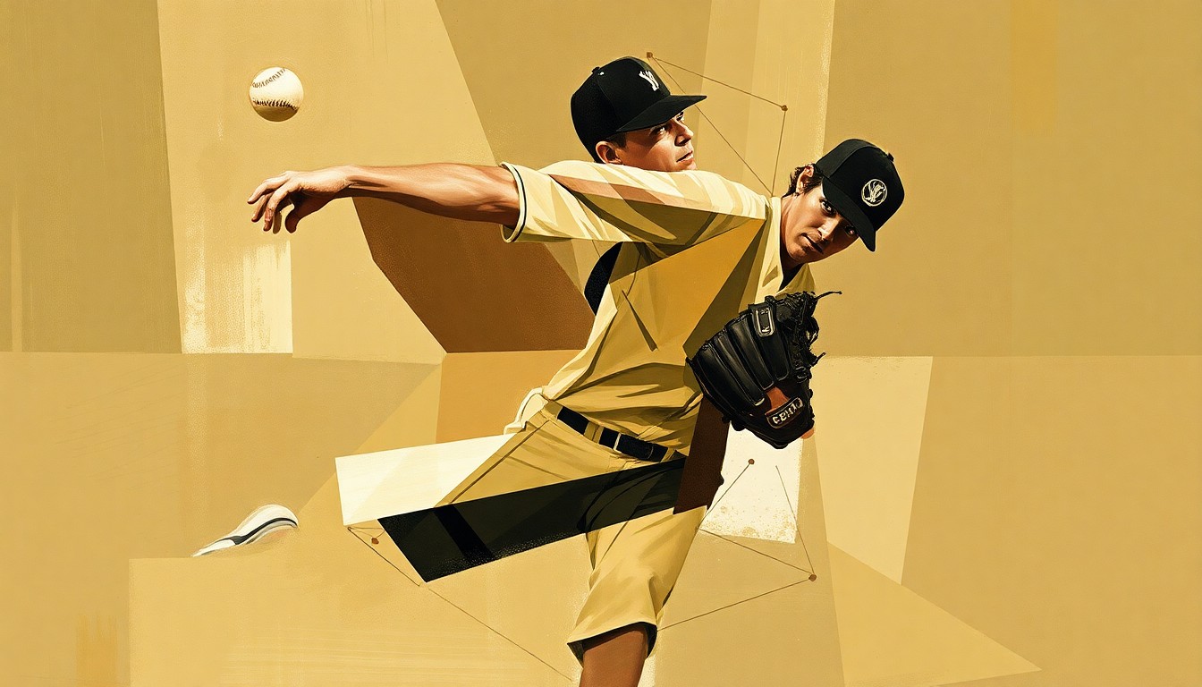 A fragmented, geometric painting depicting a baseball pitcher's motion, with sharp planes of muted earth tones representing the Padres' problem-solving skills in the face of pitching injuries.