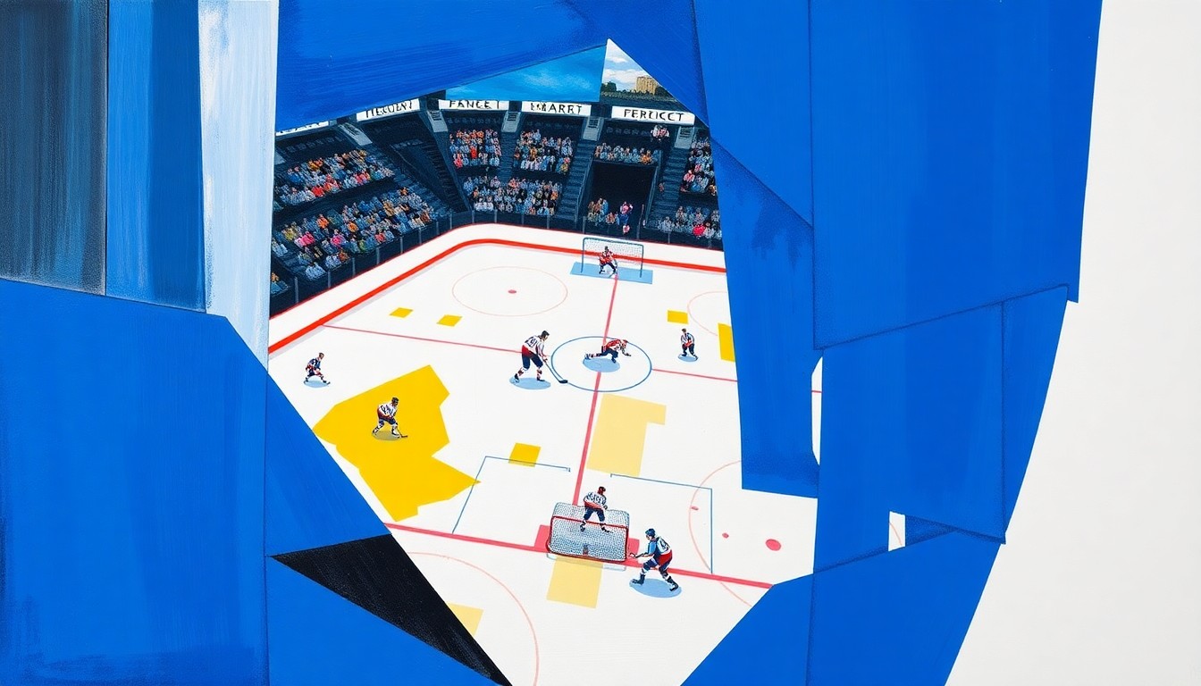 A fragmented, geometric painting depicting a hockey game, with sharp planes of blue, white, and yellow overlapping to create a dynamic, abstract scene.
