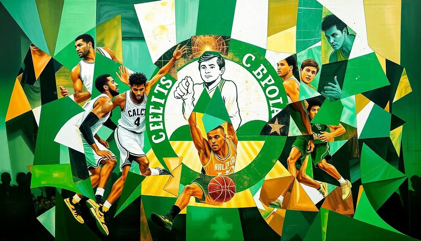 A cubist, geometric painting depicting a Celtics basketball game, with the players' forms broken down into abstract shapes and planes of green, white, and gold.