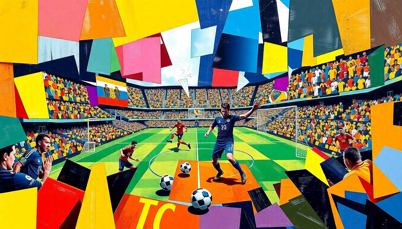 A cubist-style painting featuring overlapping geometric shapes and planes in the official colors of the Columbus Crew and Orlando City, conceptually representing the back-and-forth action of their MLS match.