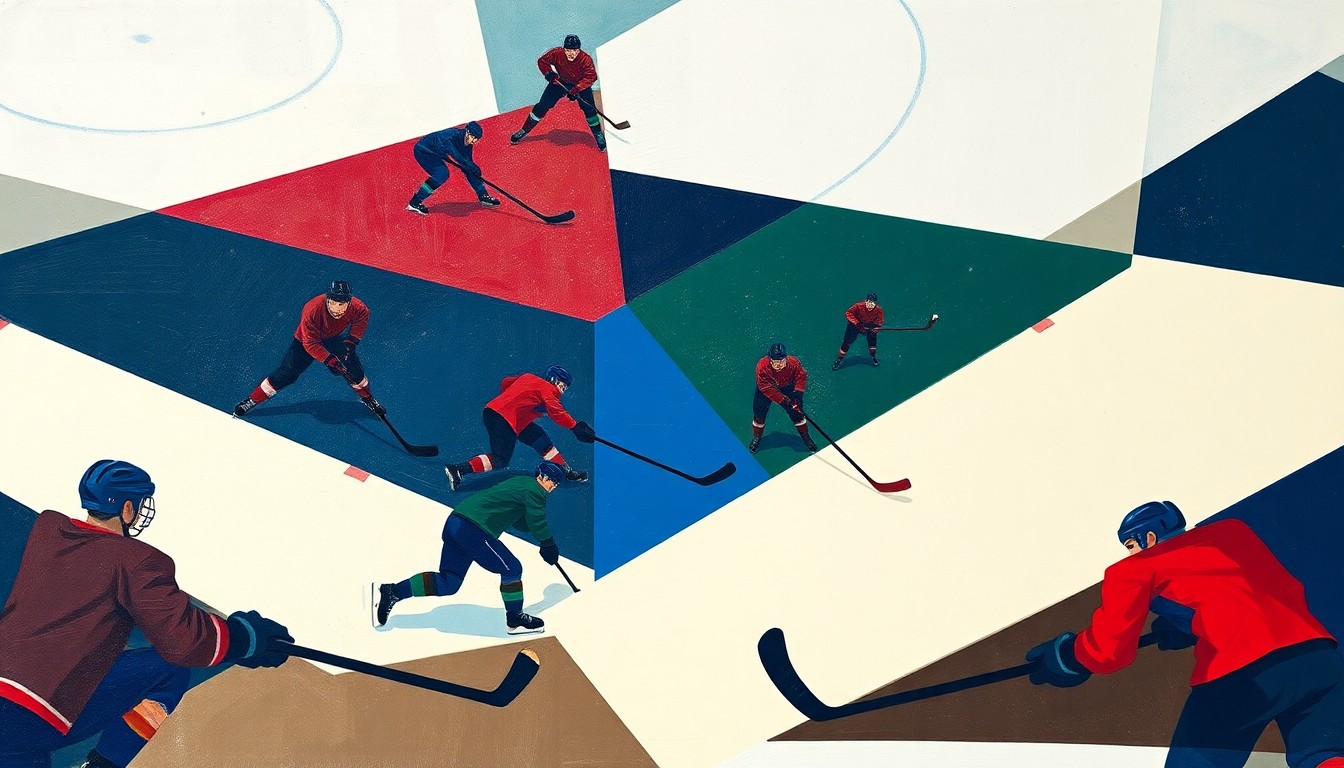 A fragmented, geometric painting depicting the chaotic action of a hockey game, with players' bodies and equipment broken down into sharp, overlapping shapes in a palette of blues, greens, and reds.
