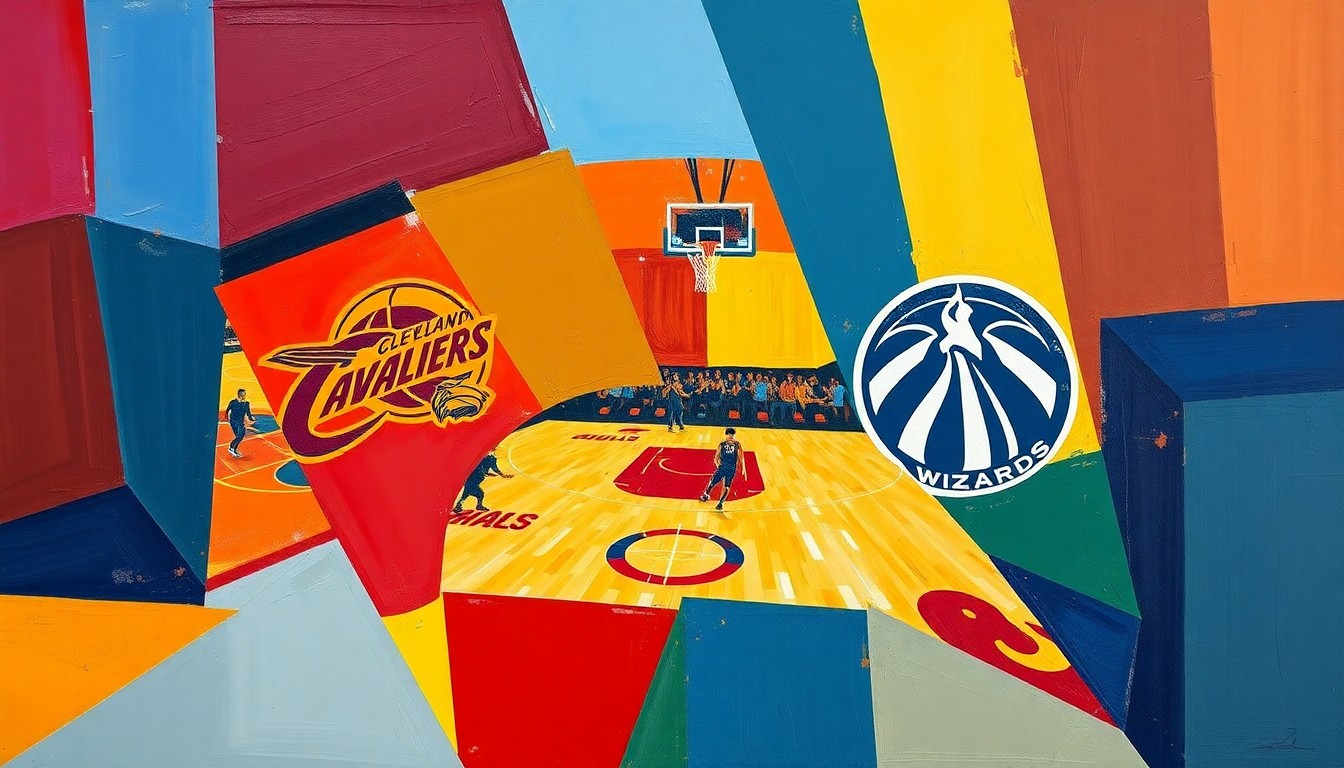 A fragmented, geometric painting in the style of Pablo Picasso, depicting a basketball game with sharp, overlapping planes of the Cavaliers' wine and gold colors and the Wizards' red, white and blue palette, capturing the energy and movement of the sport.